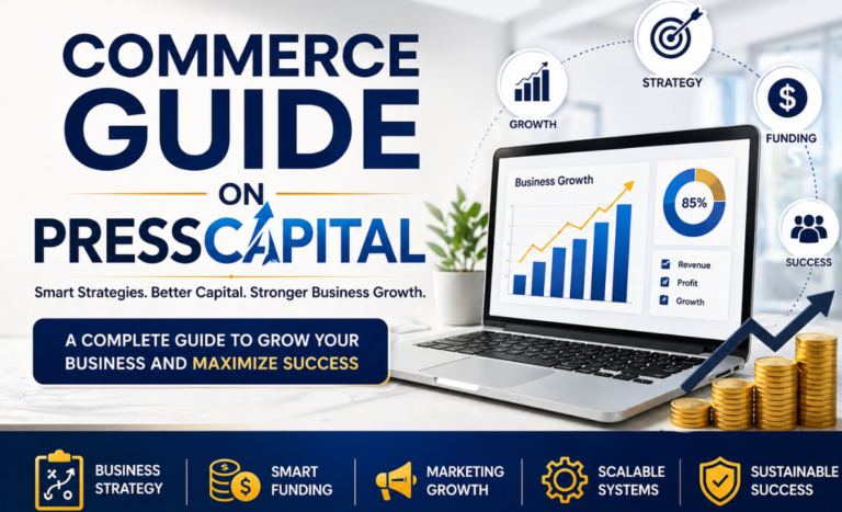 Professional digital banner for Commerce Guide OnPressCapital showing business charts, finance icons, laptop, growth arrows, and strategy elements representing funding and business growth tips.