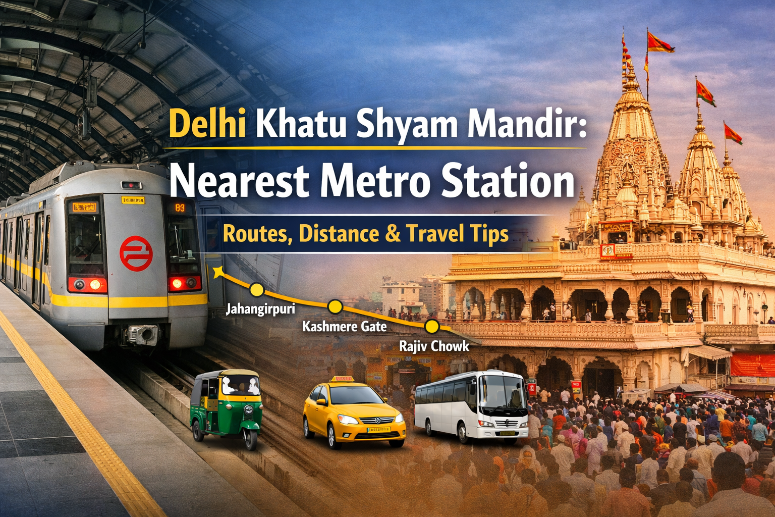 Travel guide to Khatu Shyam Mandir in Delhi highlighting the nearest metro station and connectivity.