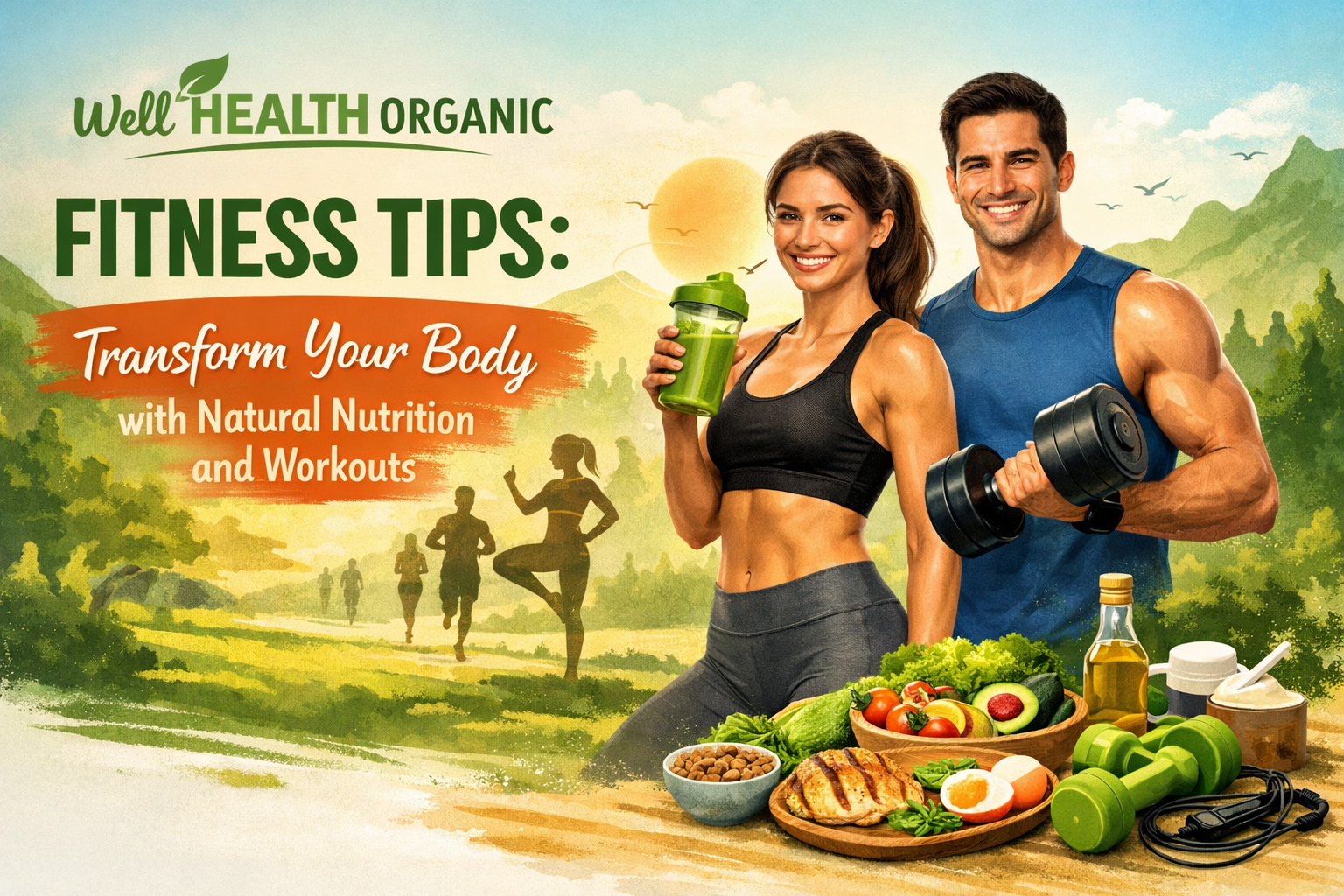 Well Health Organic fitness tips banner featuring a fit man and woman, healthy foods, and workout gear, promoting natural nutrition and exercise for body transformation.