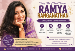 Ramya Ranganathan smiling portrait poster highlighting career and family background