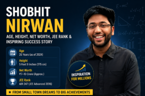 Shobhit Nirwan smiling portrait with education-themed background showing shobhit nirwan age, height, net worth and JEE rank details
