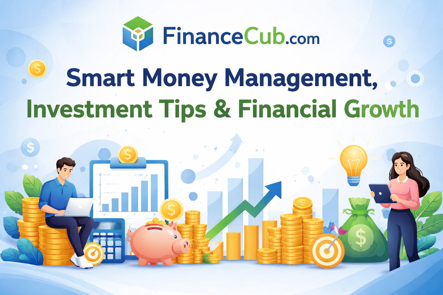 FinanceCub.com banner featuring smart money management, investment tips, and financial growth with charts, coins, piggy bank, and modern financial illustrations.