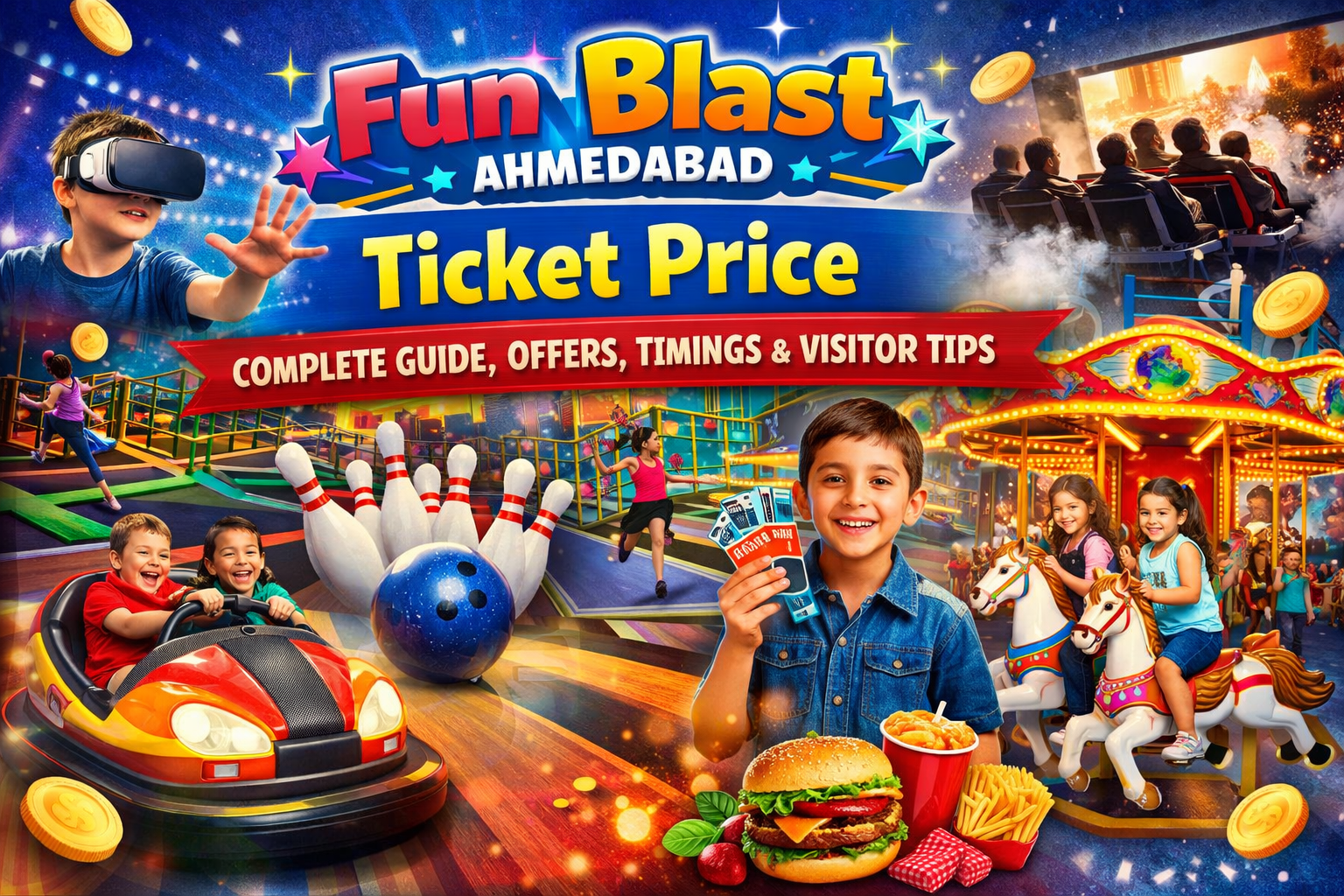 Fun Blast Ahmedabad ticket price banner featuring arcade games, VR rides, bowling, trampoline park, bumper cars, kids play area, and food zone with colorful entertainment visuals.