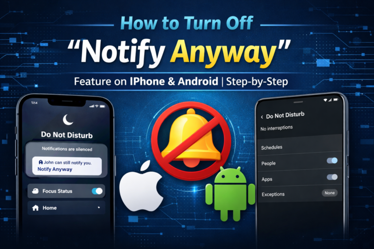 Illustration showing how to turn off “Notify Anyway” on iPhone and Android, featuring Do Not Disturb settings, muted notifications icon, and step-by-step guide visuals.