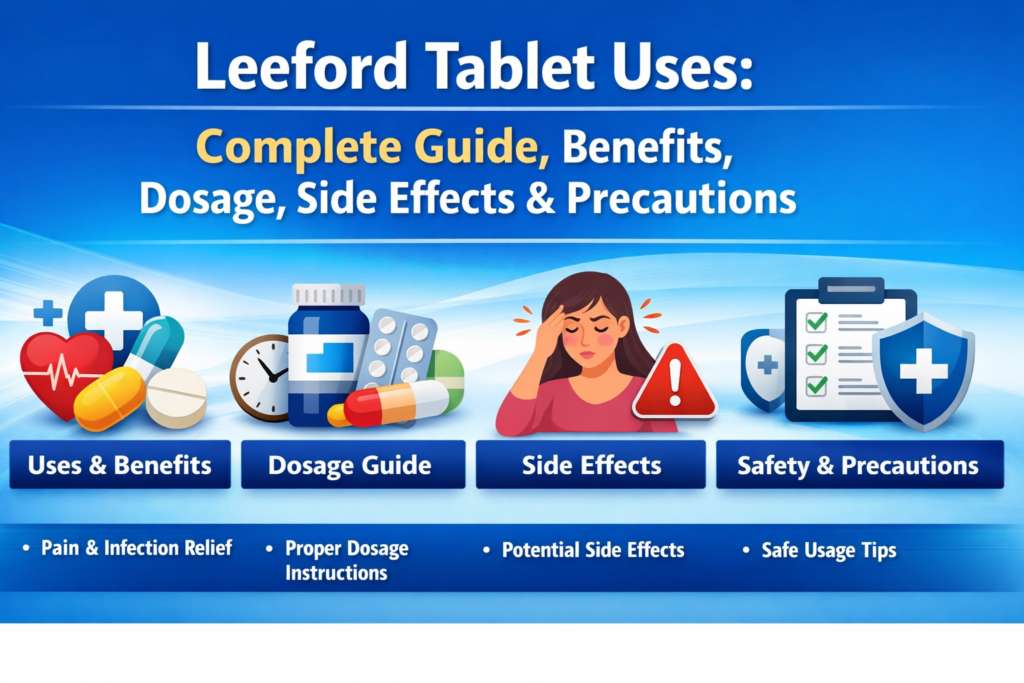 Leeford tablet uses, benefits, dosage guide, side effects, and safety precautions with medical icons and clear headings.