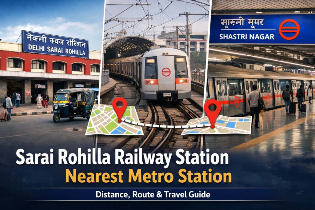 Sarai Rohilla Railway Station nearest metro station guide showing Shastri Nagar Metro, route map, distance, and Delhi Metro connectivity.