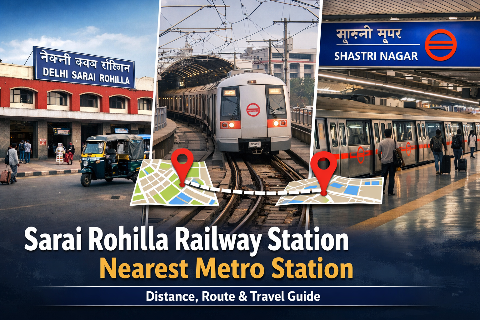 Sarai Rohilla Railway Station nearest metro station guide showing Shastri Nagar Metro, route map, distance, and Delhi Metro connectivity.