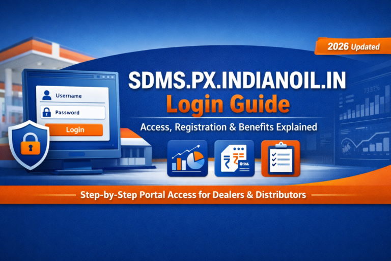 SDMS PX IndianOil login portal interface showing a digital platform by Indian Oil Corporation Limited (IOCL) used for managing sales, distribution, orders, and business operations for authorized dealers and distributors.
