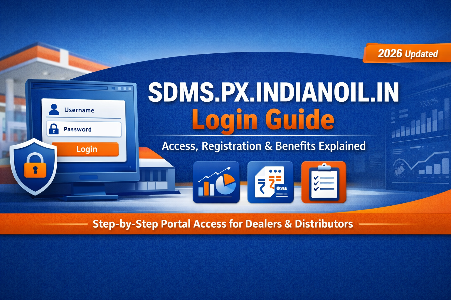 SDMS PX IndianOil login portal interface showing a digital platform by Indian Oil Corporation Limited (IOCL) used for managing sales, distribution, orders, and business operations for authorized dealers and distributors.