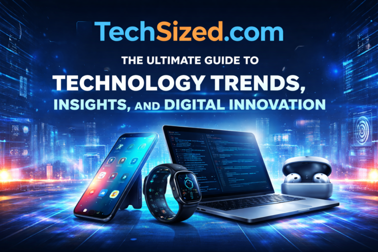 Techsized com digital innovation banner with futuristic city, tech devices, and technology trends concept