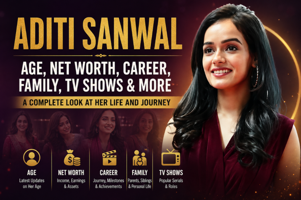 Editorial-style poster of a smiling woman with text highlighting Aditi Sanwal age, net worth, career, family, and TV shows on a maroon and gold background.