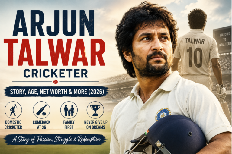 Feature image of Arjun Talwar cricketer holding a helmet on a stadium background, highlighting his comeback story, age, net worth, and inspiring journey.