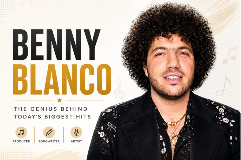 Clean feature image of Benny Blanco on a light beige background with bold typography, highlighting Benny Blanco height and showcasing him as a music producer, songwriter, and artist.