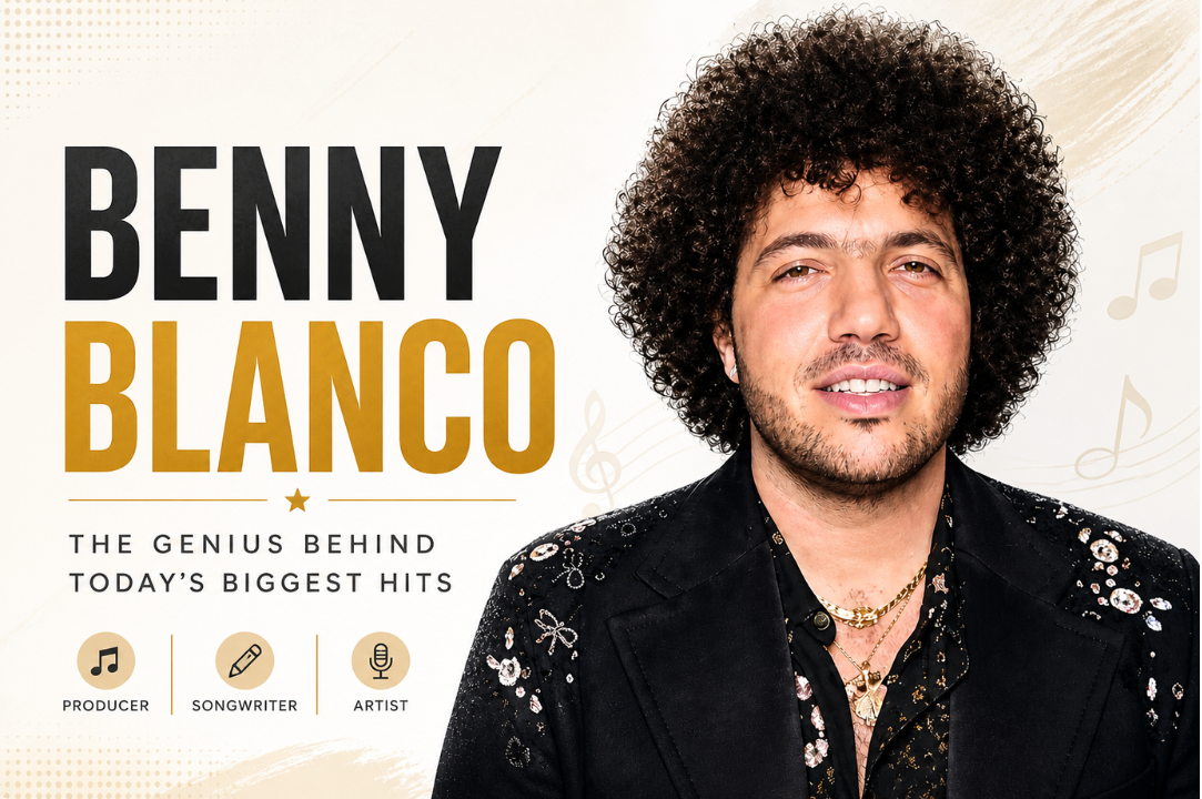 Clean feature image of Benny Blanco on a light beige background with bold typography, highlighting Benny Blanco height and showcasing him as a music producer, songwriter, and artist.
