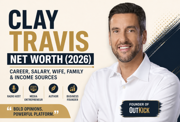 Clean feature image of Clay Travis on a light background with bold typography, highlighting Clay Travis net worth and showcasing him as a media personality and entrepreneur.