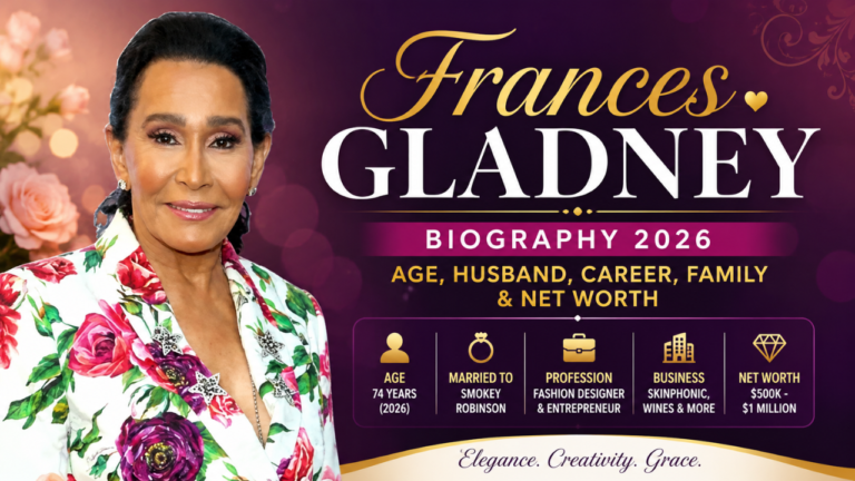 Frances Gladney biography feature image showing her age, husband, career, family, and net worth in an elegant purple and gold themed design with floral elements.