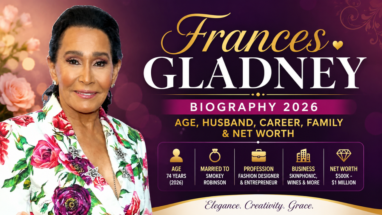 Frances Gladney biography feature image showing her age, husband, career, family, and net worth in an elegant purple and gold themed design with floral elements.