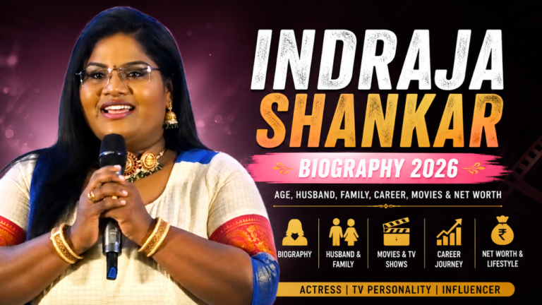 Indraja Shankar biography feature image showing the actress and TV personality with details about her age, husband, family, career journey, movies, and net worth.