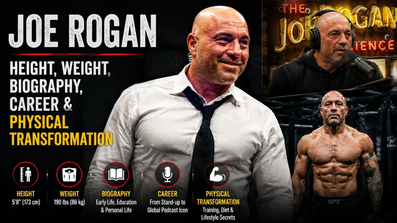YouTube-style banner showing Joe Rogan in a white shirt and tie with bold text about Joe Rogan height, weight, biography, career, and physical transformation, alongside podcast and fitness visuals.