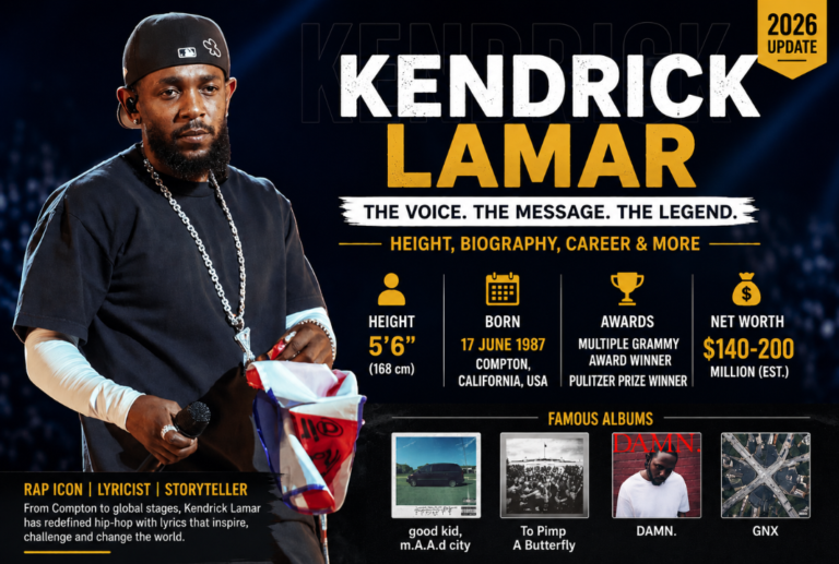 Kendrick Lamar biography feature image showing Kendrick Lamar height, career achievements, Grammy awards, albums, birthplace, and updated net worth in a bold concert-style design.