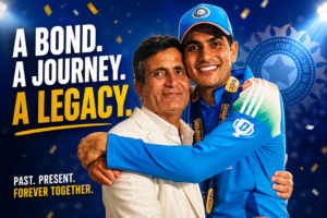 Lakhwinder Singh Gill hugging Shubhman Gill in a celebratory stadium background with bold text “A Bond. A Journey. A Legacy.”