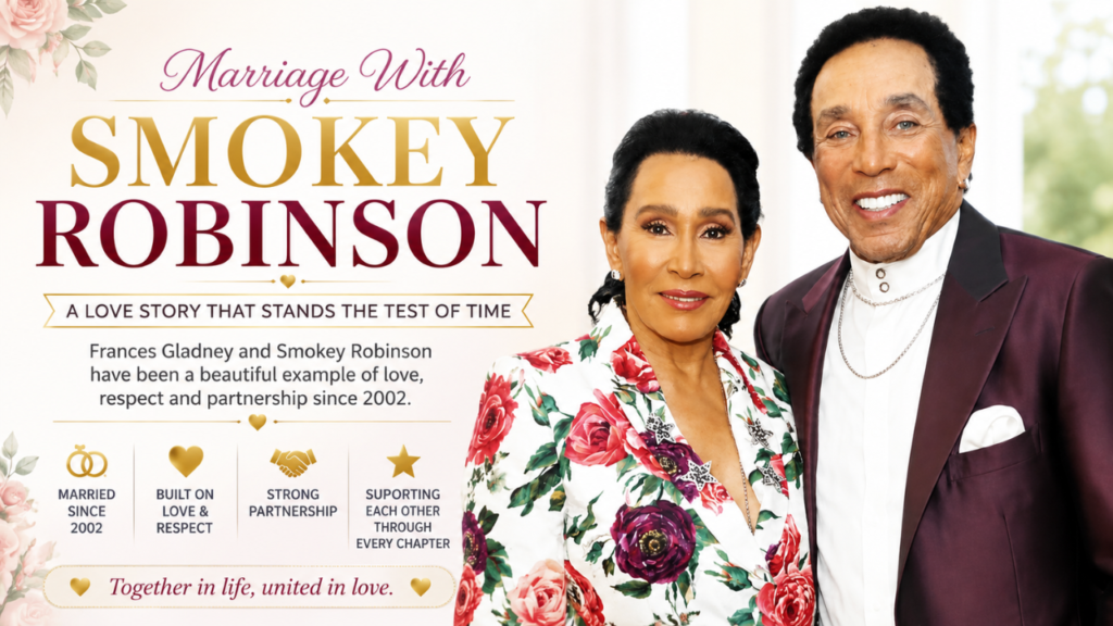 Frances Gladney and Smokey Robinson marriage feature image with a light elegant background highlighting their long-lasting relationship, love story, and partnership journey.