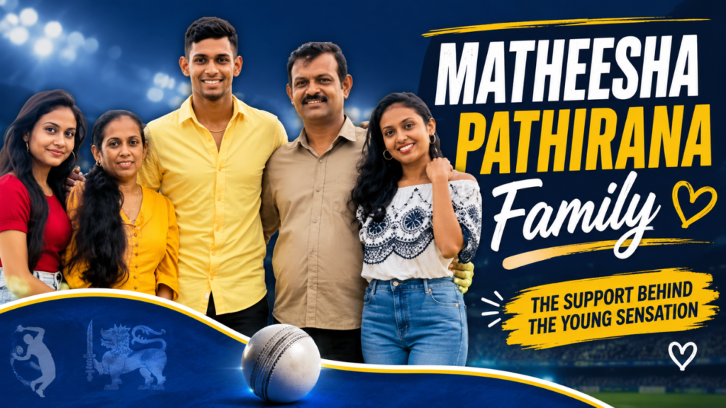 Matheesha Pathirana family feature image showing the Sri Lankan cricketer with his family members.