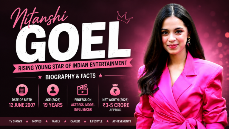 Nitanshi Goel biography banner featuring her portrait in a pink outfit with text showing her birth date, age, profession, and estimated net worth on a dark pink gradient background.