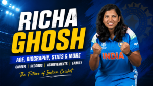 Richa Ghosh in India cricket jersey celebrating, with bold text “Richa Ghosh Age, Biography, Stats & More” on a blue stadium background.