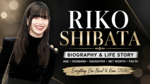 Riko Shibata smiling in black outfit with elegant black and gold banner text “Riko Shibata age, biography & Life Story 2026”.