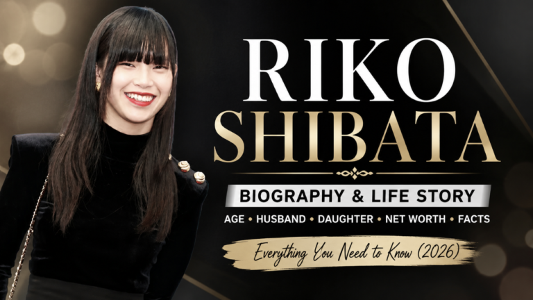 Riko Shibata smiling in black outfit with elegant black and gold banner text “Riko Shibata age, biography & Life Story 2026”.