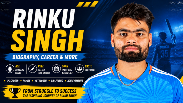 Rinku Singh biography feature image showing the Indian cricketer, Rinku Singh caste, IPL career, age, achievements, family background, and inspiring journey from struggle to success.