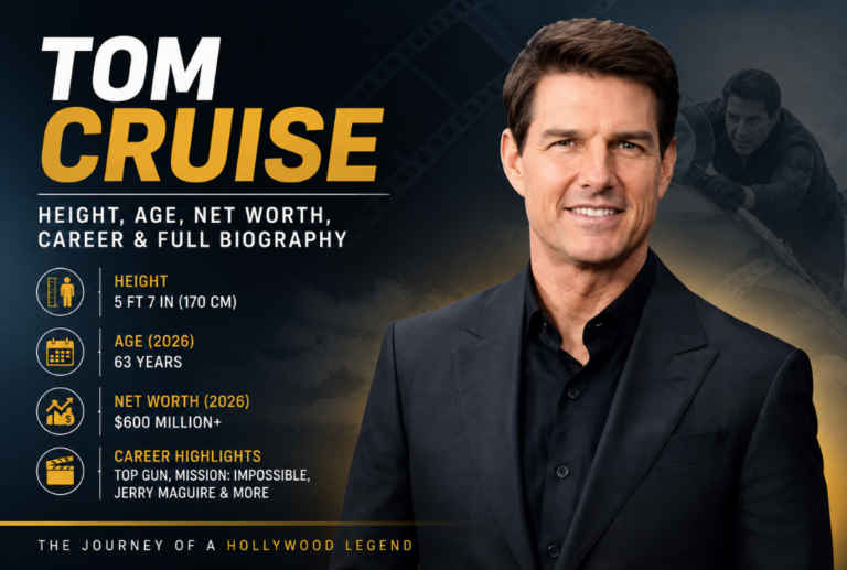 Feature image of Tom Cruise on a cinematic dark background with bold typography, highlighting Tom Cruise height, age, net worth, and career highlights in a modern infographic style.