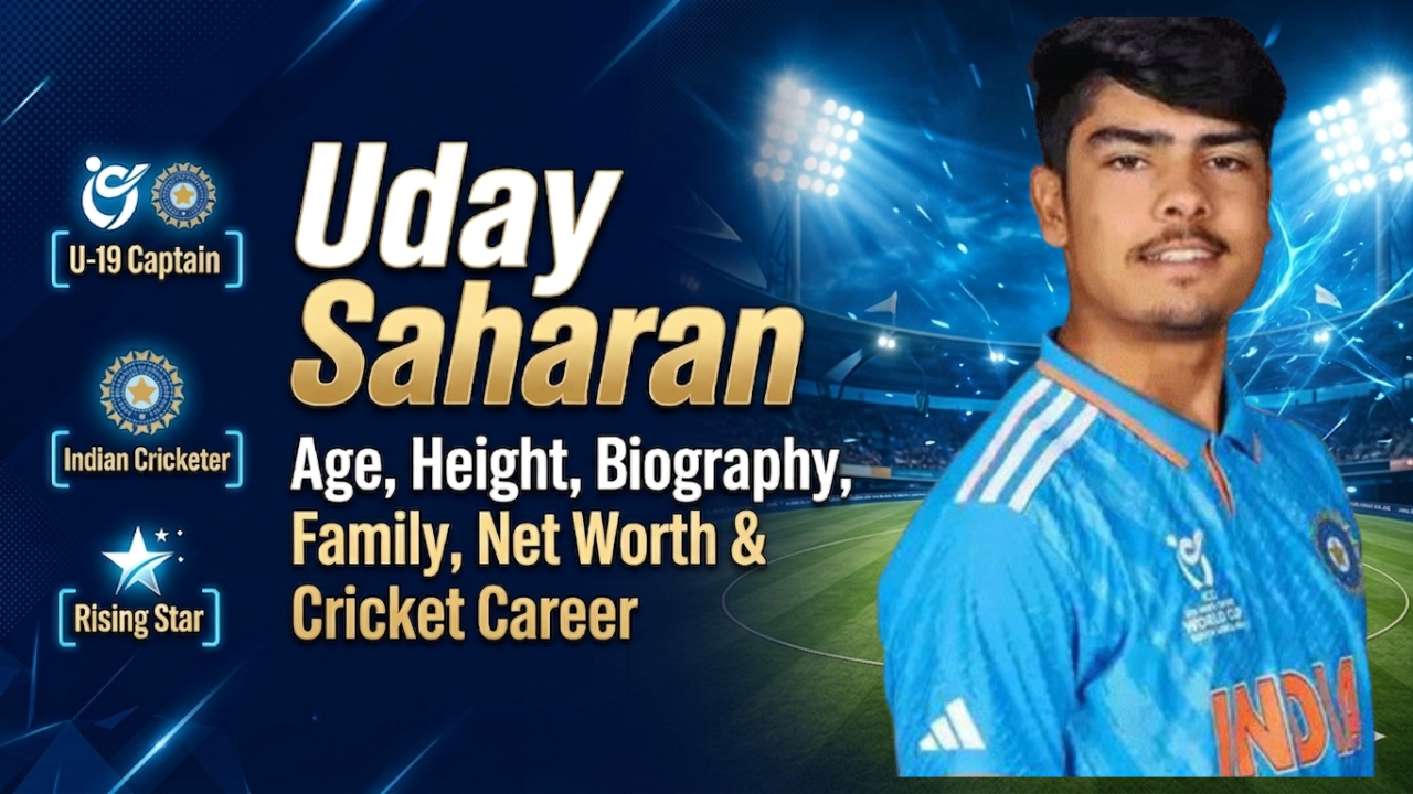 A cricket profile graphic featuring Uday Saharan, highlighting his role as India U-19 Captain, with details on his age, career, and biography against a stadium backdrop.