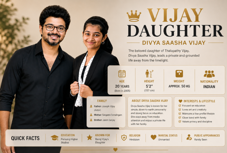 Vijay Daughter, Divya Saasha Vijay with her father in a minimal beige background infographic showing age, height, weight, and personal details.