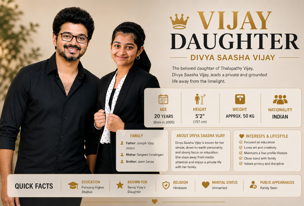 Vijay Daughter, Divya Saasha Vijay with her father in a minimal beige background infographic showing age, height, weight, and personal details.