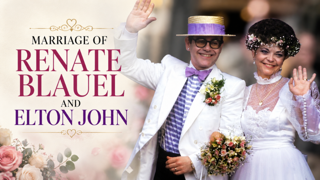 Renate Blauel and Elton John wedding feature image highlighting their 1984 marriage with the couple in wedding attire.