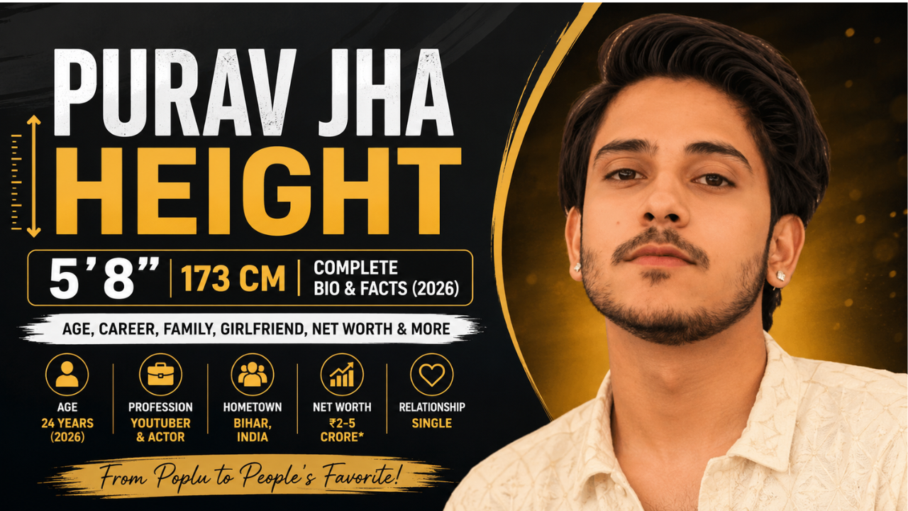 Purav Jha featured in a biography banner highlighting Purav Jha height, age, career, family, net worth, and personal details in 2026.