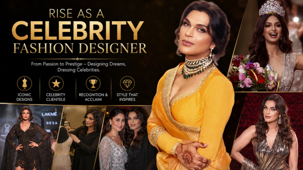 Collage-style banner showcasing Saisha Shinde’s rise as a celebrity fashion designer, featuring her portraits, fashion creations, celebrity collaborations, and career achievements.