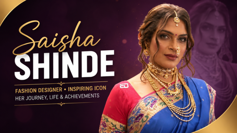 Saisha Shinde in a blue and pink saree with traditional jewelry, featured in a biography banner highlighting her life and achievements.