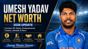 Umesh Yadav net worth 2026 banner featuring the Indian fast bowler, highlighting his IPL earnings, endorsements, assets, income sources, and career achievements.