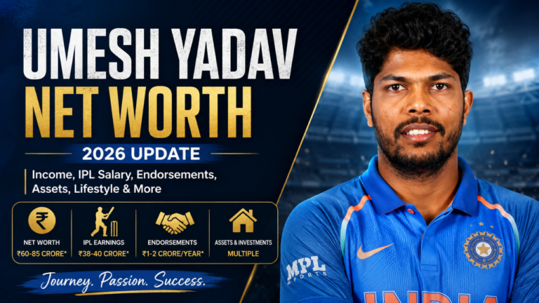 Umesh Yadav net worth 2026 banner featuring the Indian fast bowler, highlighting his IPL earnings, endorsements, assets, income sources, and career achievements.