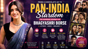 Bhagyashri Borse biography infographic highlighting her journey from a Cadbury ad to pan-India stardom, movies, awards, and career milestones.