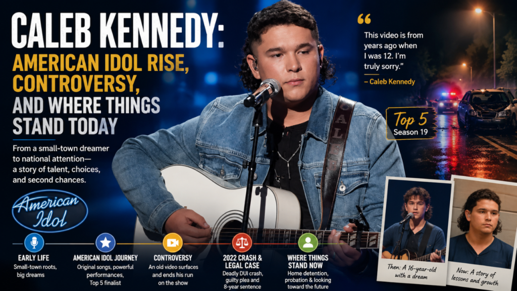 Caleb Kennedy performing on American Idol with a guitar, highlighting his country music journey, rise to fame, and biography.