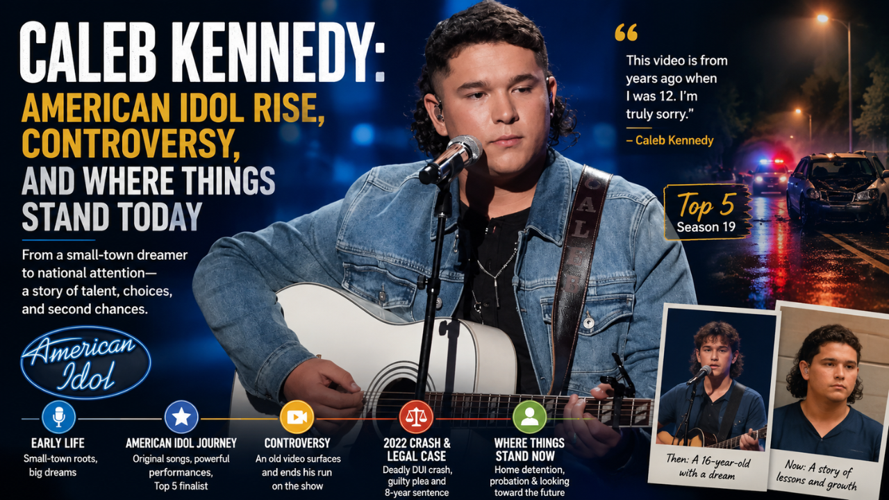 Caleb Kennedy performing on American Idol with a guitar, highlighting his country music journey, rise to fame, and biography.