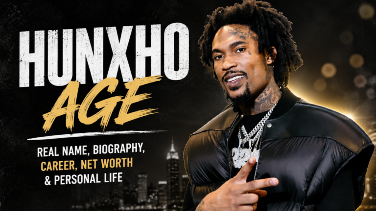 Hunxho age feature image showcasing the Atlanta rapper with a city skyline background, highlighting his real name, biography, career, net worth, and personal life.