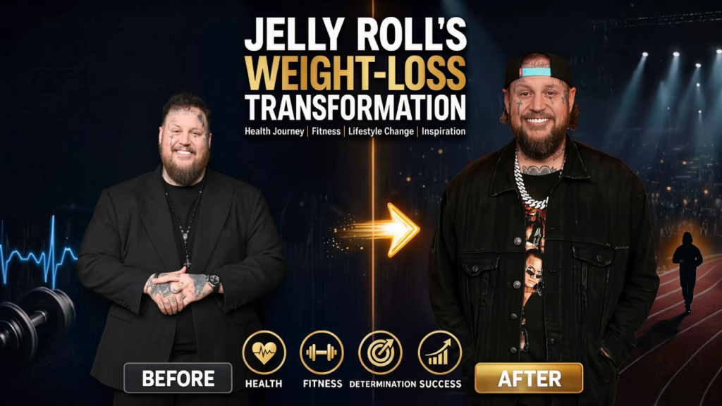 Jelly Roll weight-loss transformation comparison showing his before and after appearance, highlighting his health journey, fitness progress, determination, and lifestyle change.
