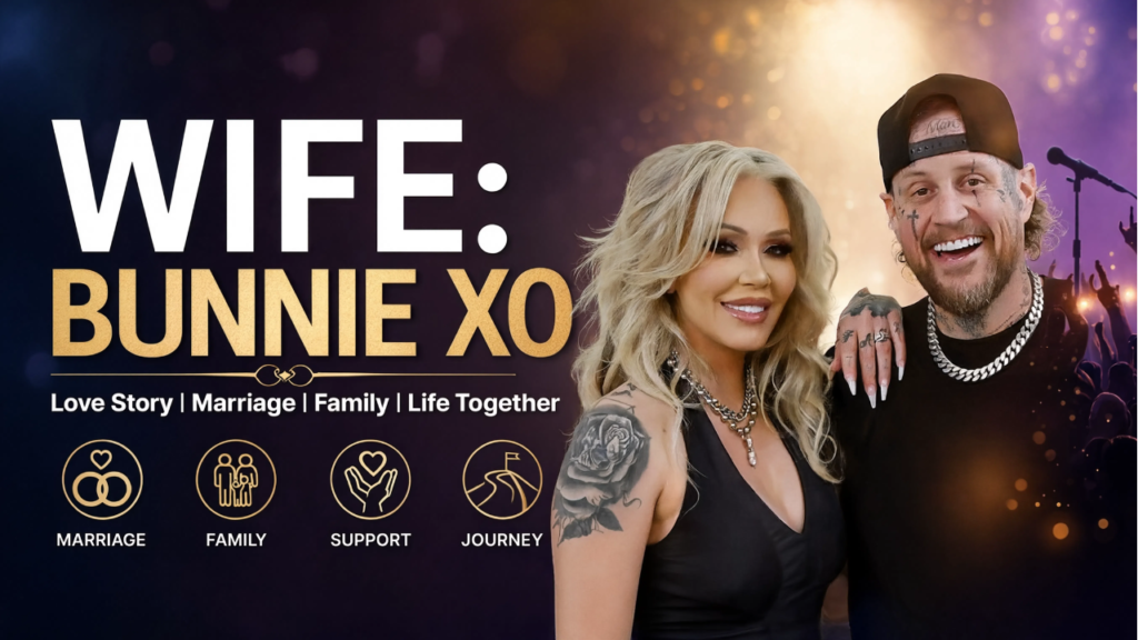 Jelly Roll wife Bunnie XO posing together in a promotional image highlighting their love story, marriage, family life, support, and journey together.