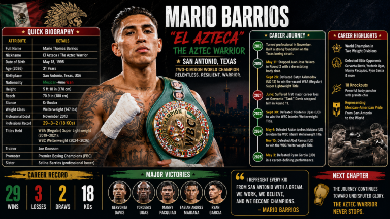 Mario Barrios profile infographic featuring his boxing record, career highlights, championship titles, physical stats, and journey from San Antonio to two-division world champion.