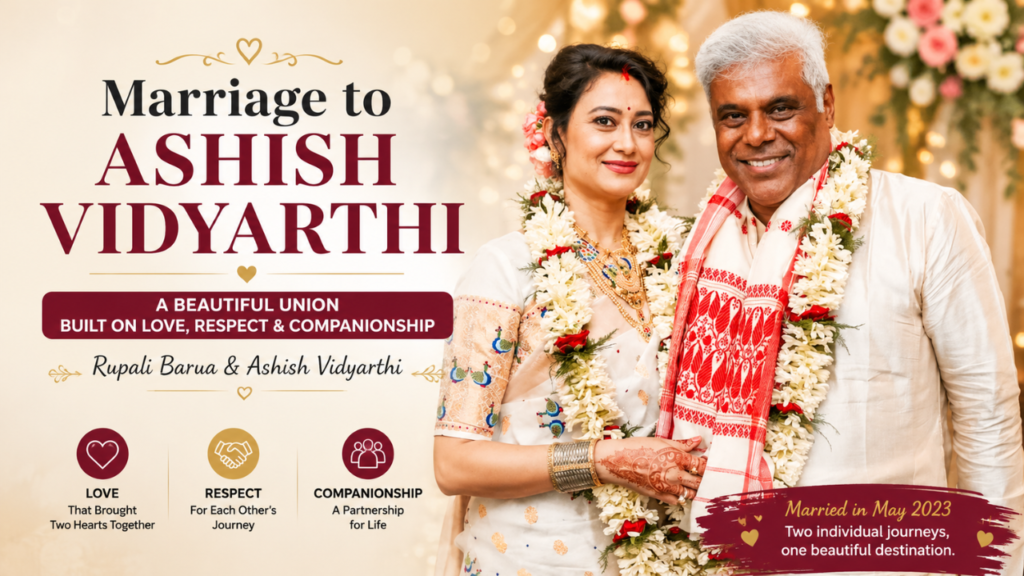 Marriage to Ashish Vidyarthi feature image showing Rupali Barua and Ashish Vidyarthi during their traditional wedding ceremony in May 2023.